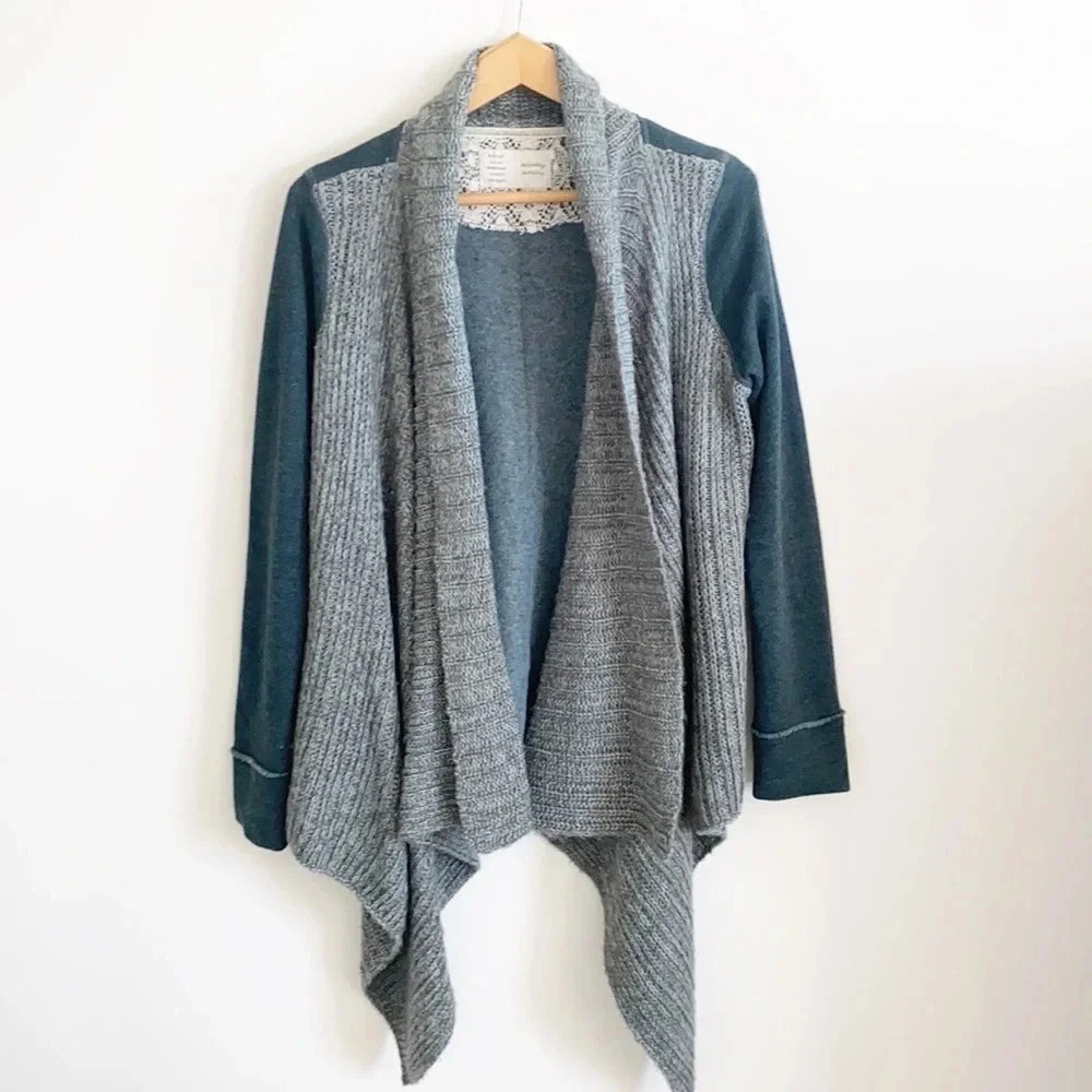 Anthropologie Saturday Sunday Green & Gray knit waterfall open cardigan sweater